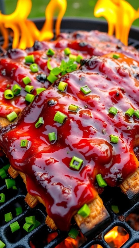 Grilled honey glazed pork ribs, garnished with green onions, sizzling on a barbecue grill.